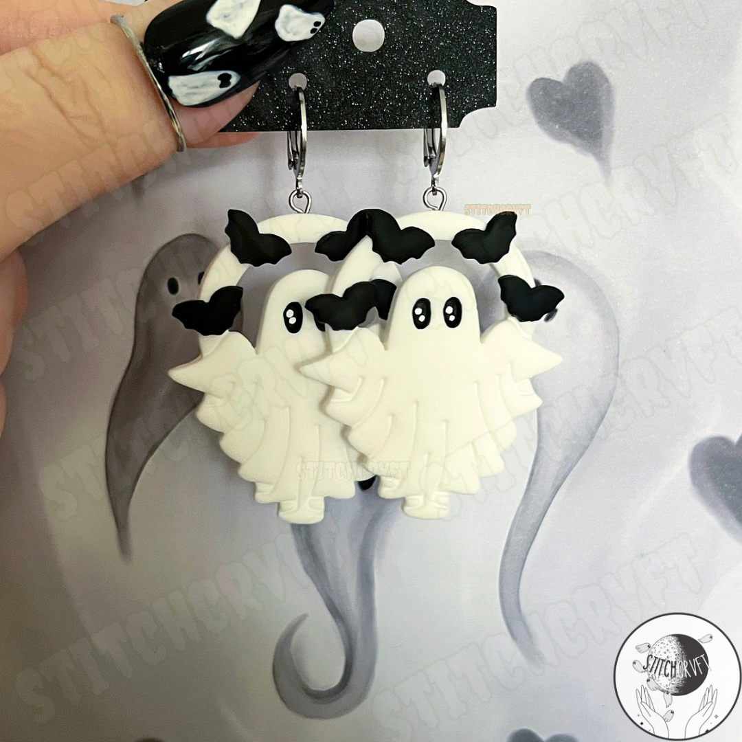 Ghost arch earrings with tiny bats | Handmade to order
