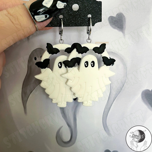 Ghost arch earrings with tiny bats | Handmade to order