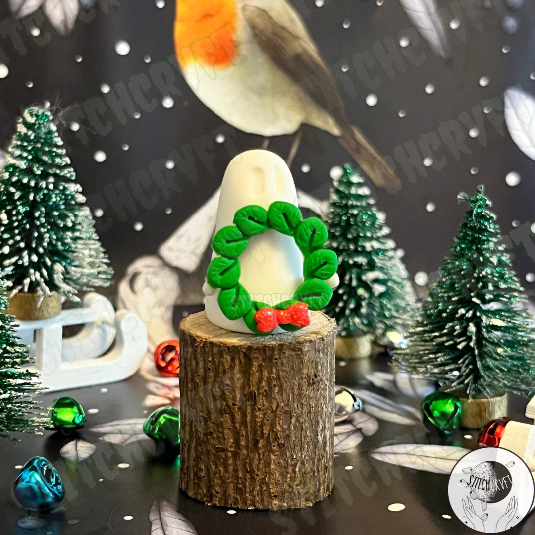Ghost holding tiny winter wreath | Handmade to order