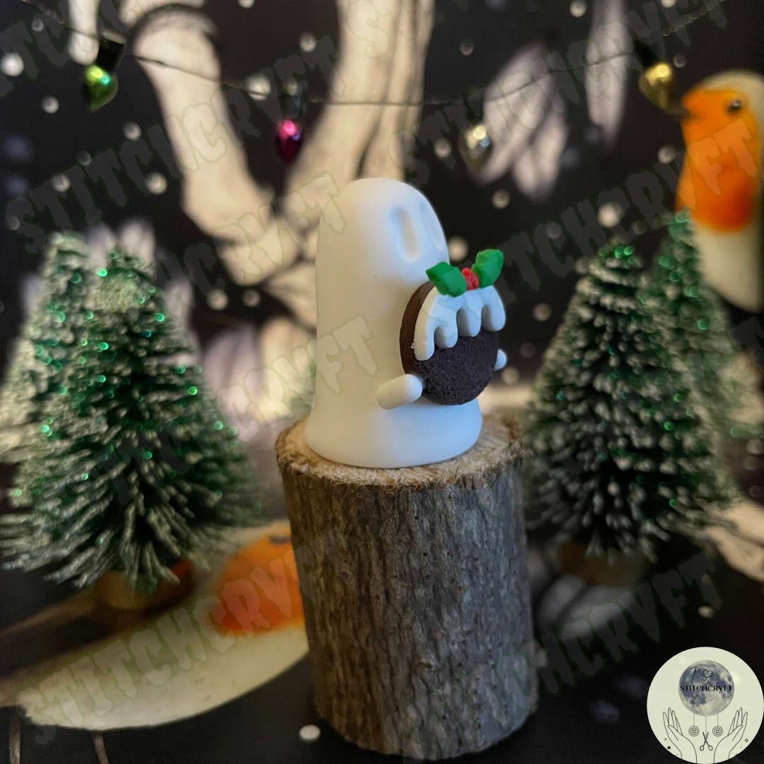 Ghost holding tiny christmas pudding| Handmade to order