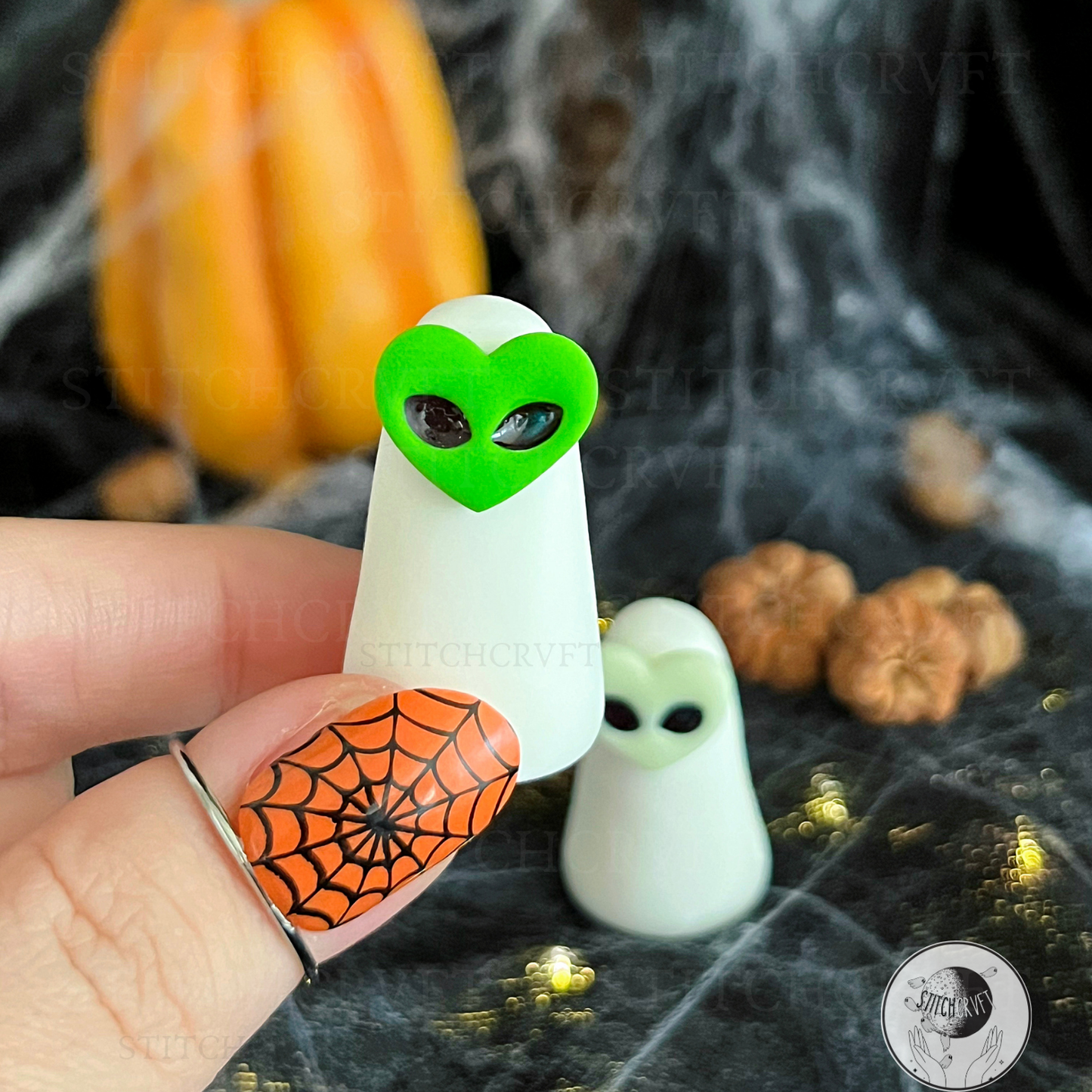 Ghost wearing alien heart mask | Green or glowing | Handmade to order
