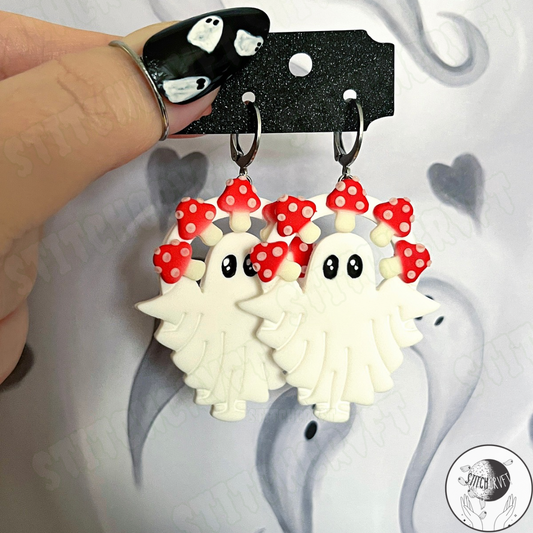 Ghost arch earrings with tiny glowing mushrooms | Handmade to order