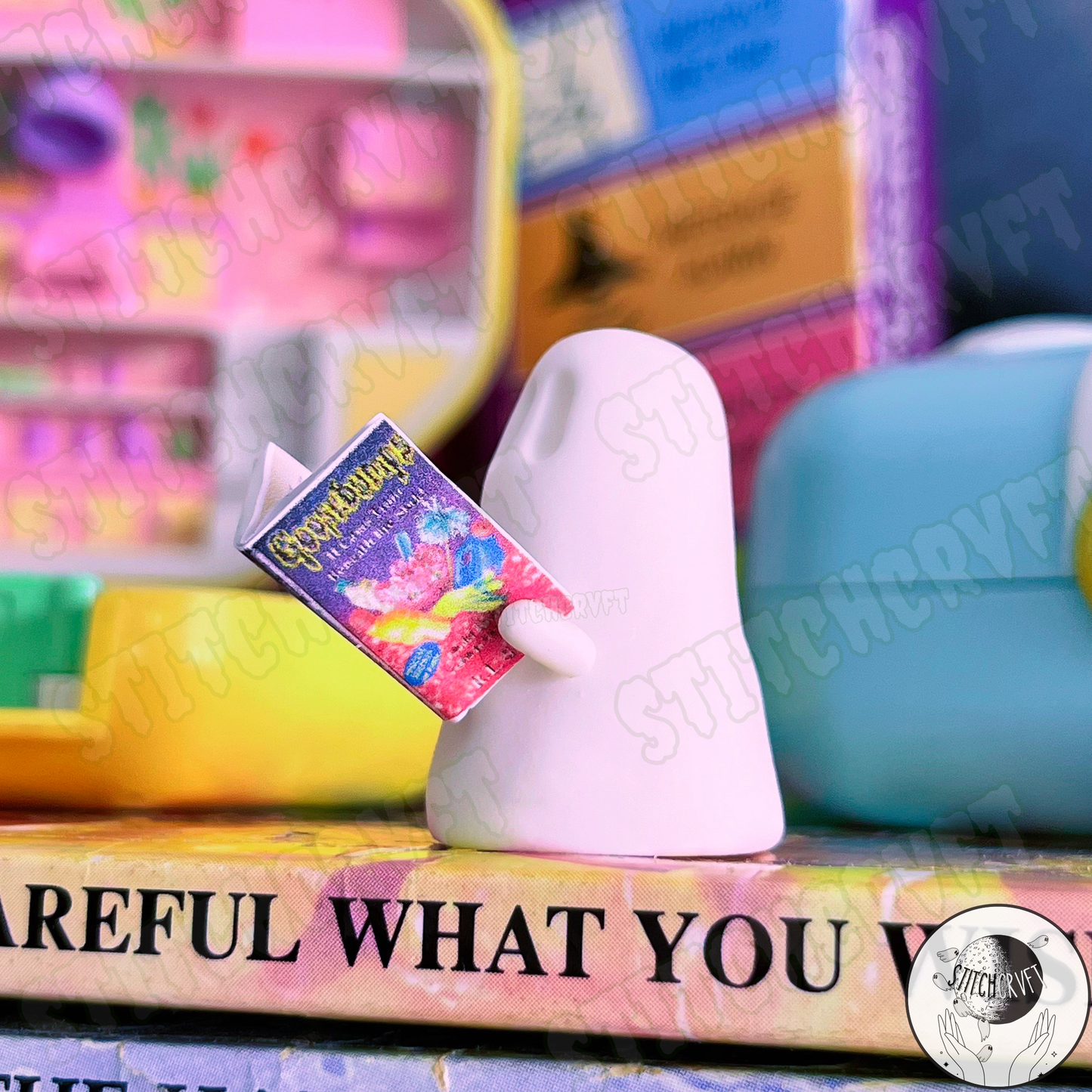 Ghost holding tiny spooky book 90s edition | Handmade to order