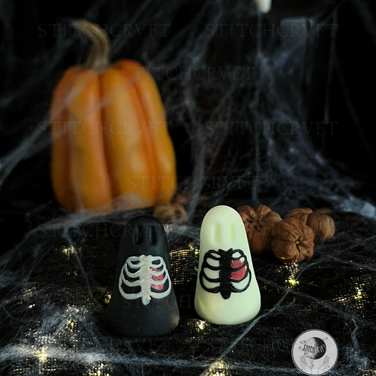 Ghost with painted tiny ribcage and heart | Black or glowing | Handmade to order
