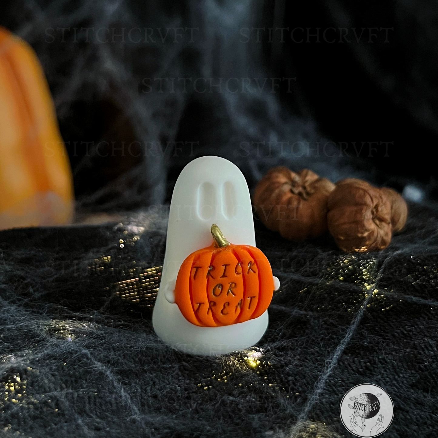 Ghost holding tiny trick of treat pumpkin | Handmade to order