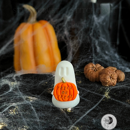 Ghost holding tiny trick of treat pumpkin | Handmade to order