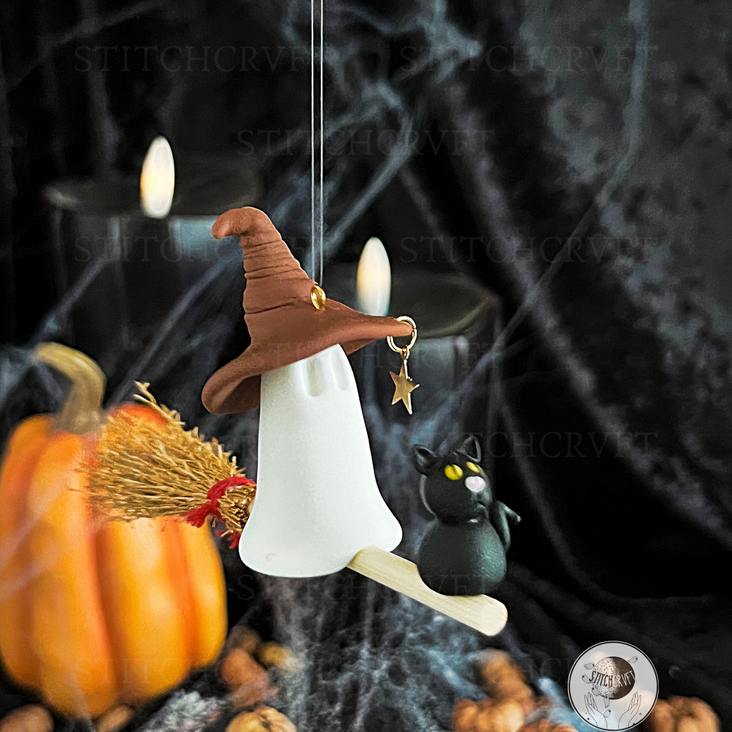 Witchy ghost riding broomstick with cat familiar | Hanging ornament | Handmade to order