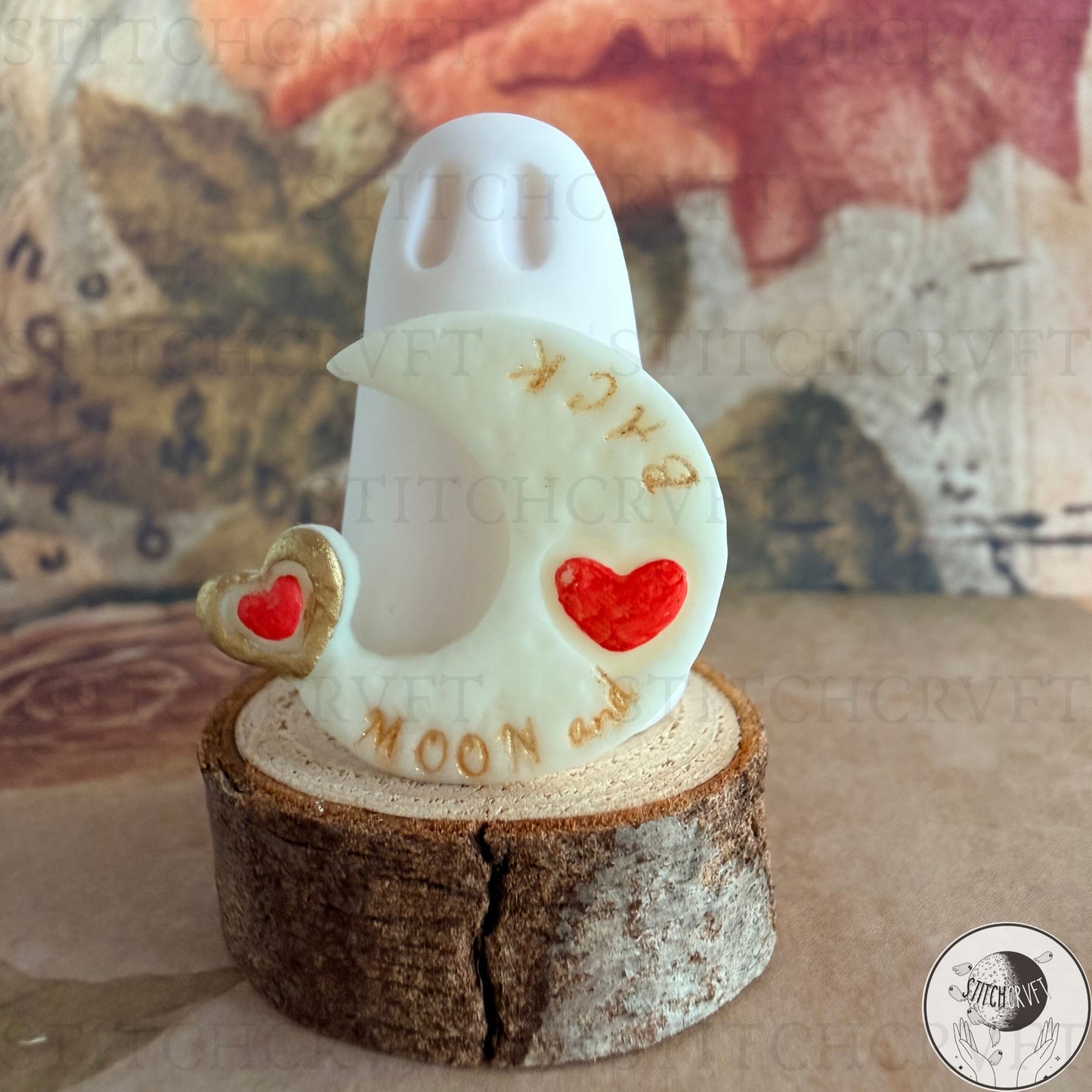 Ghost with glowing "Moon and Back" crescent moon. | Handmade to order