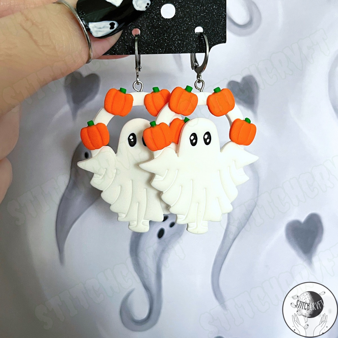Ghost arch earrings with tiny pumpkins | Handmade to order