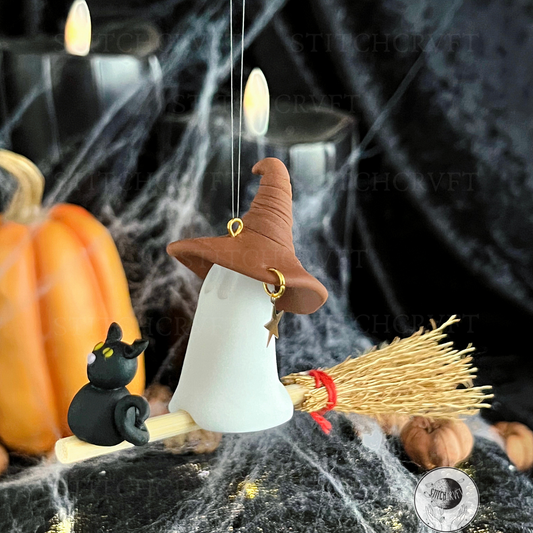 Witchy ghost riding broomstick with cat familiar | Hanging ornament | Handmade to order