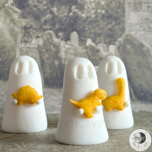 Ghost holding tiny dino nuggies | Handmade to order