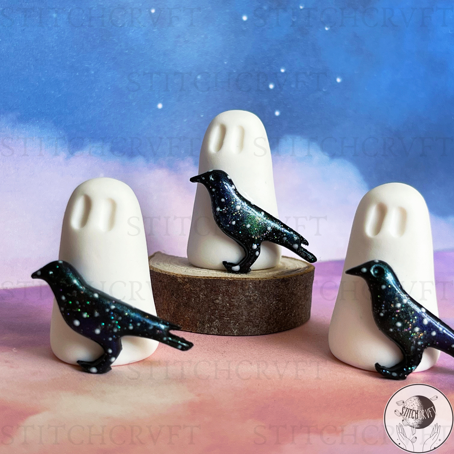 Ghost with galaxy raven familiar | Handmade to order