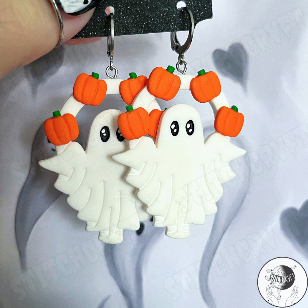 Ghost arch earrings with tiny pumpkins | Handmade to order