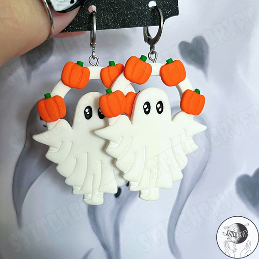 Ghost arch earrings with tiny pumpkins | Handmade to order