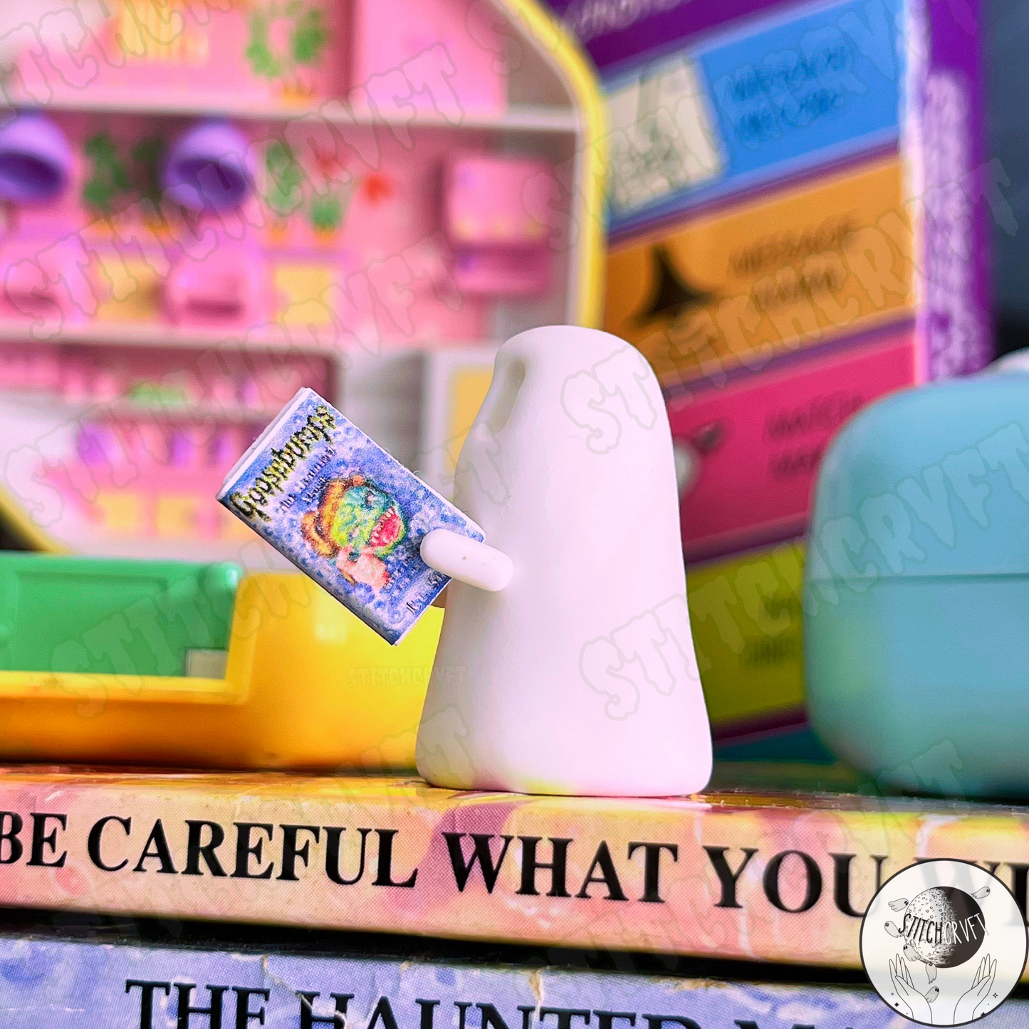 Ghost holding tiny spooky book 90s edition | Handmade to order