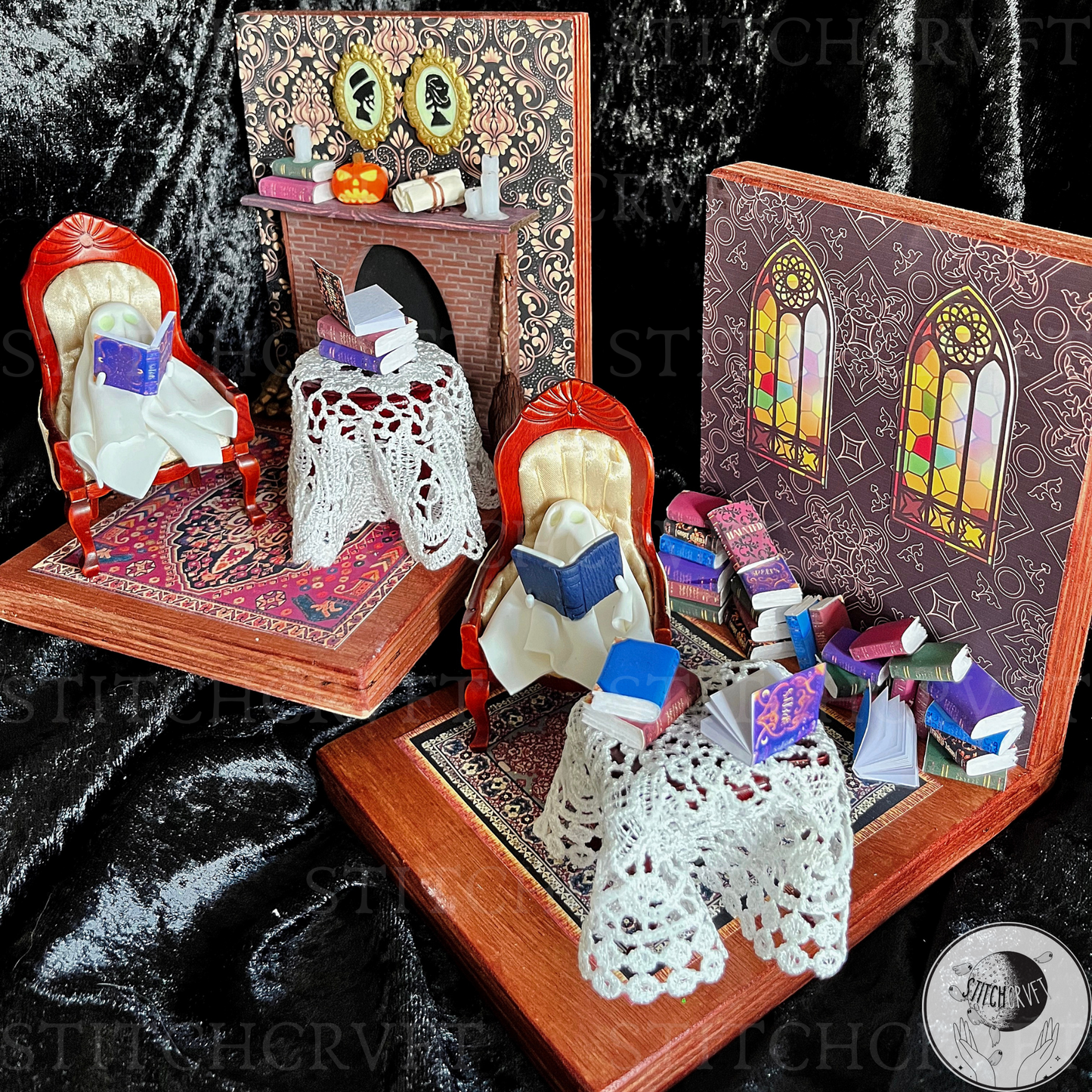 Ghostly scenes wood bookends pair | Limited edition