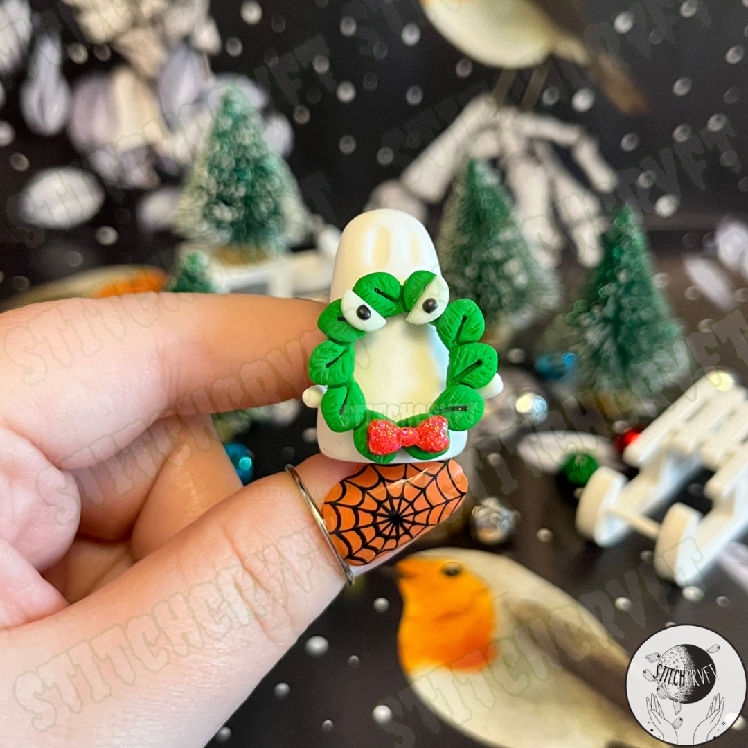 Ghost holding tiny monster wreath | Handmade to order