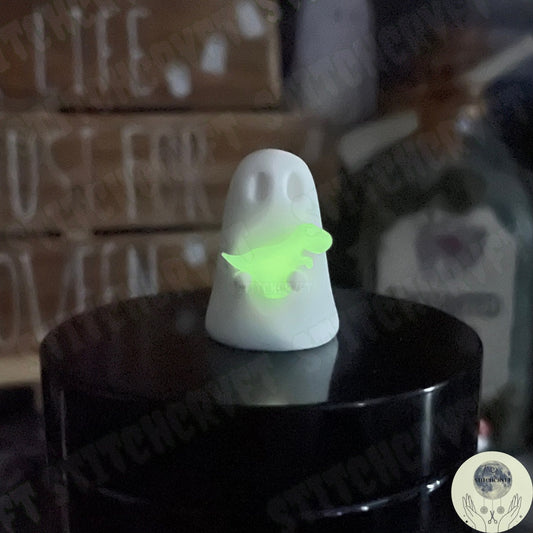 Ghost holding tiny glowing t-rex | Handmade to order