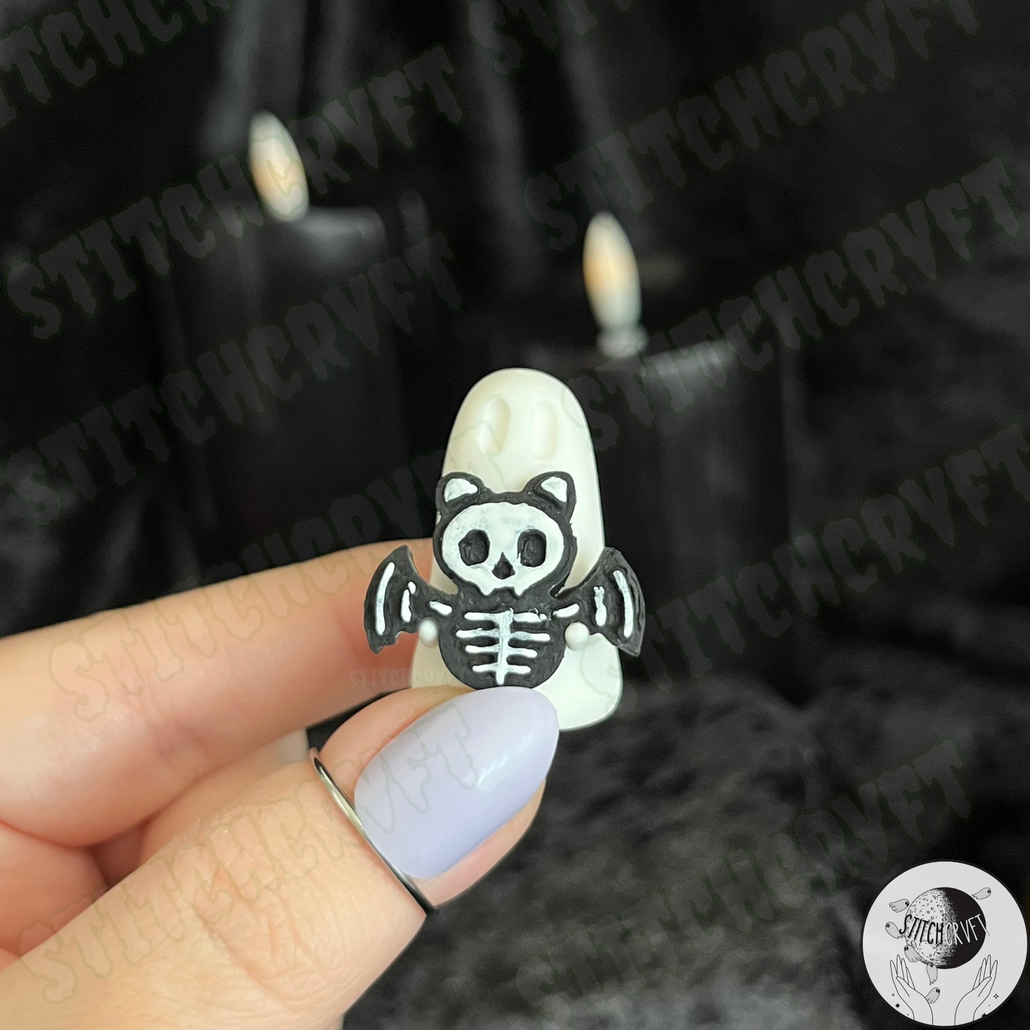 Ghost holding skele-cat-bat pet | Handmade to order