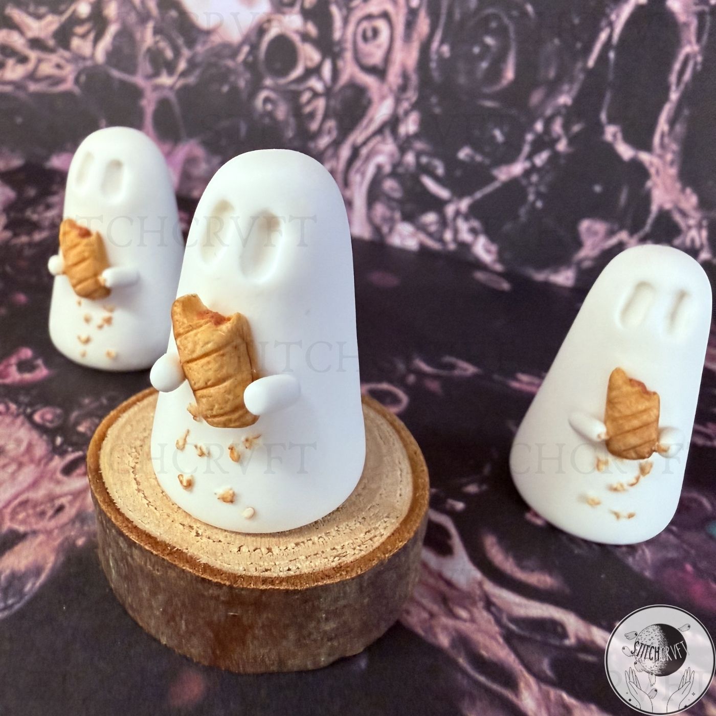 Ghost holding tiny sausage roll | Handmade to order