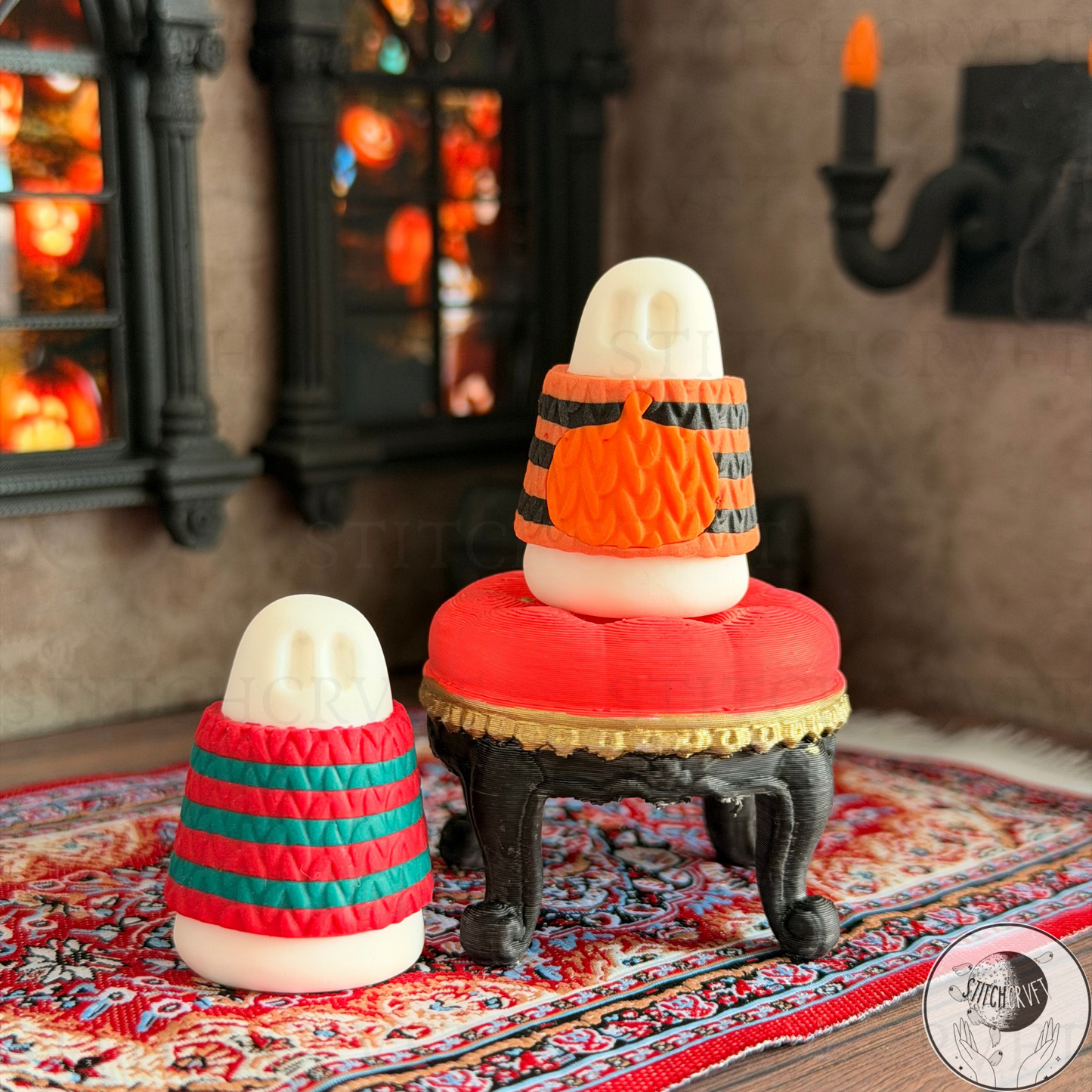 Ghost wearing spooky striped jumper | Handmade to order