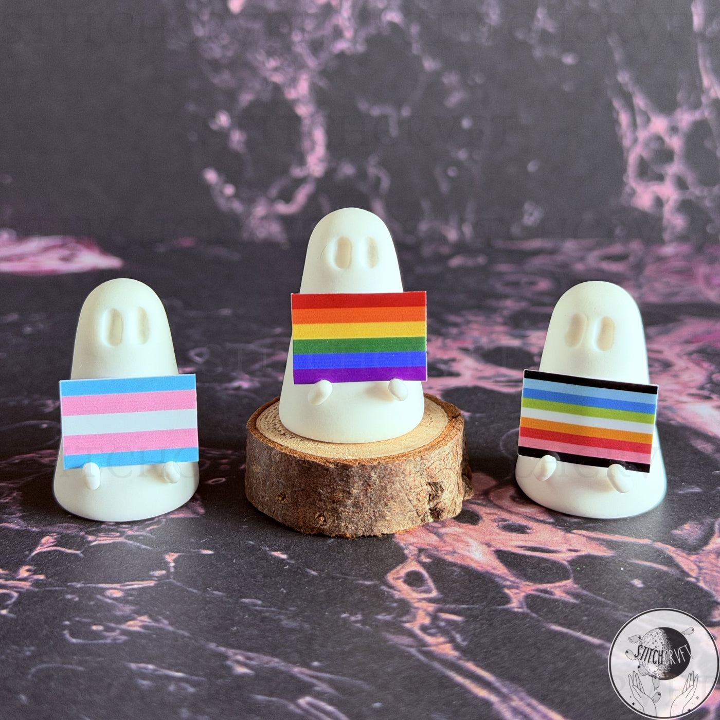 Ghost holding tiny pride flag (various designs) | Handmade to order