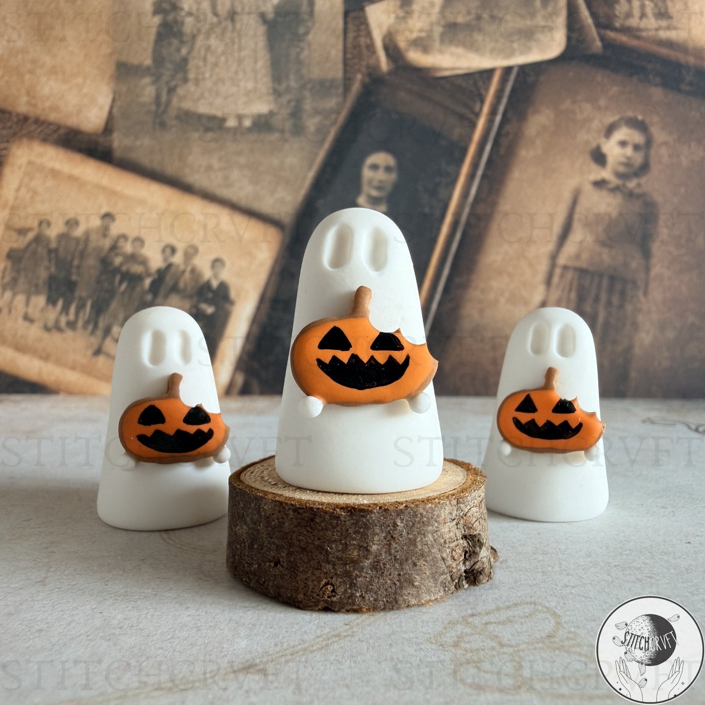 Ghost holding tiny pumpkin cookie | Handmade to order