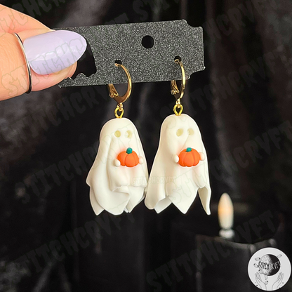 Sheet ghost earrings holding tiny pumpkin with glowing eyes | Handmade to order