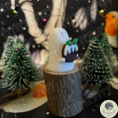 Spookmas Ghost holding tiny christmas pudding| Handmade to order