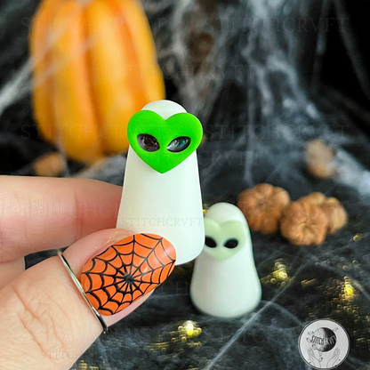 Ghost wearing alien heart mask | Green or glowing | Handmade to order