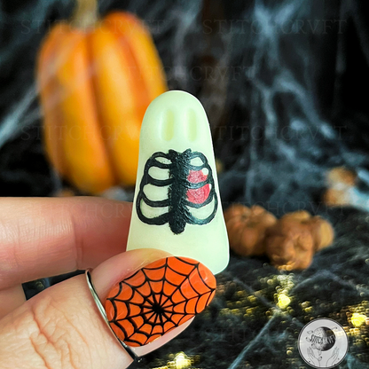 Ghost with painted tiny ribcage and heart | Black or glowing | Handmade to order