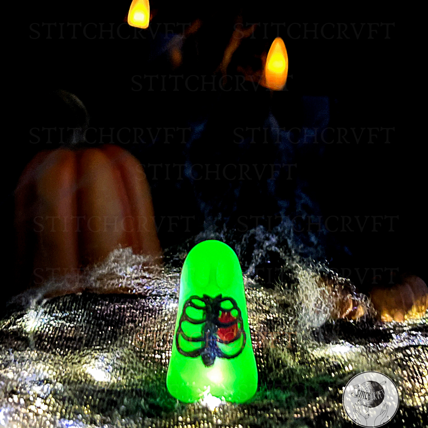 Ghost with painted tiny ribcage and heart | Black or glowing | Handmade to order