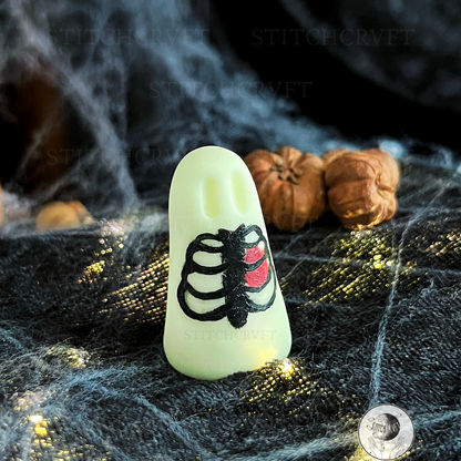 Ghost with painted tiny ribcage and heart | Black or glowing | Handmade to order
