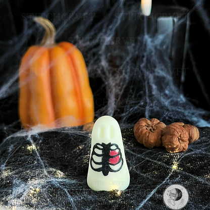 Ghost with painted tiny ribcage and heart | Black or glowing | Handmade to order