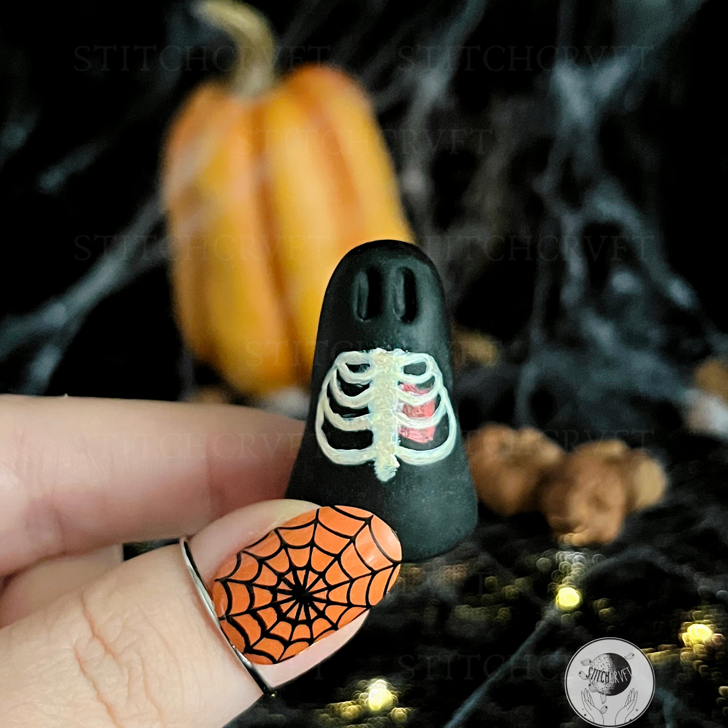 Ghost with painted tiny ribcage and heart | Black or glowing | Handmade to order