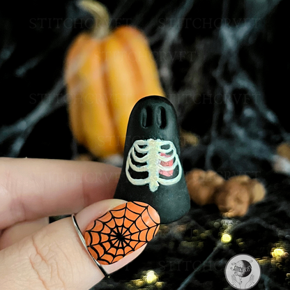 Ghost with painted tiny ribcage and heart | Black or glowing | Handmade to order