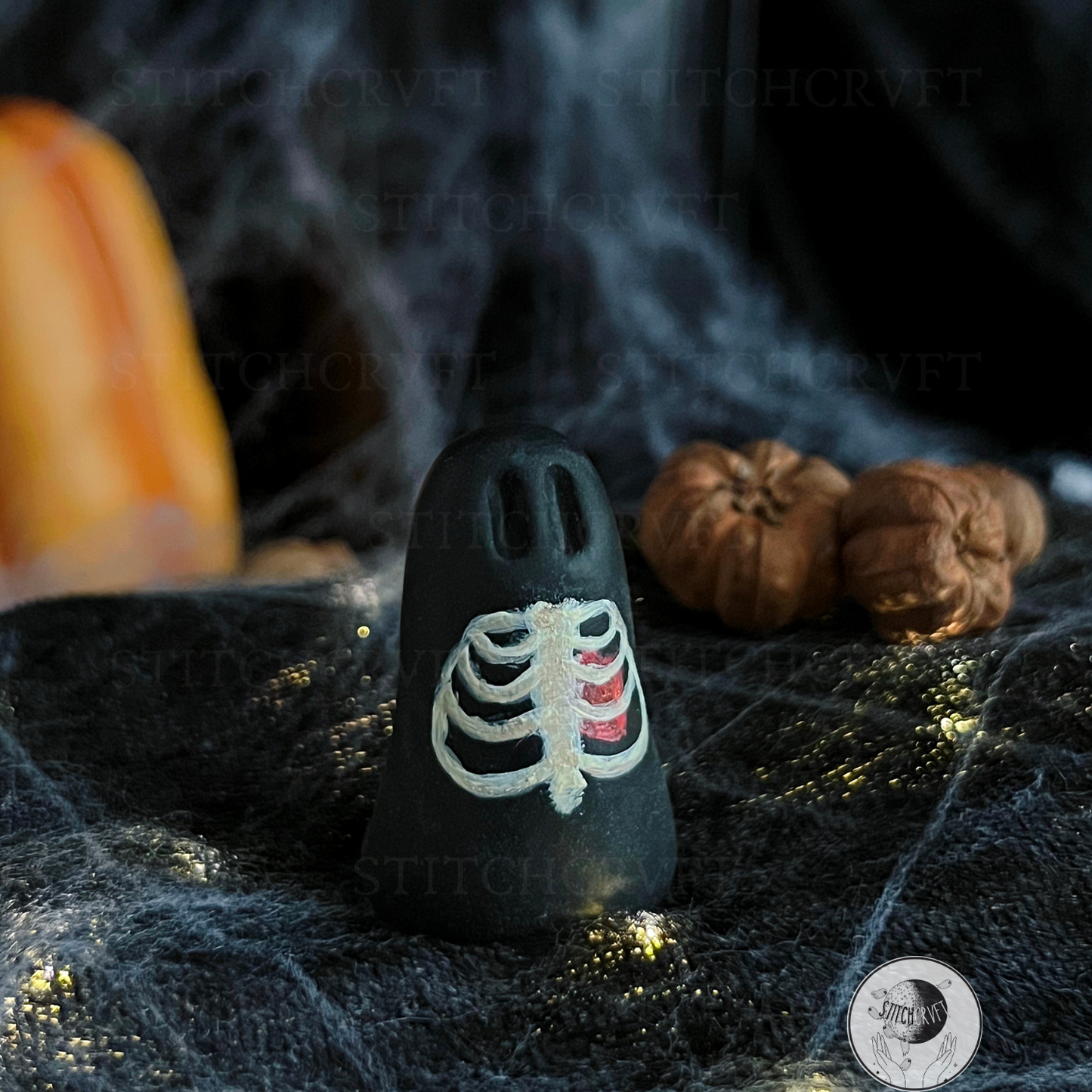 Ghost with painted tiny ribcage and heart | Black or glowing | Handmade to order