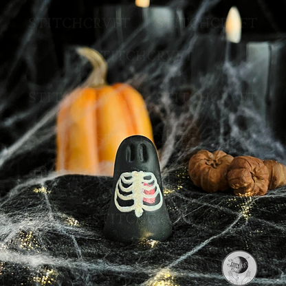 Ghost with painted tiny ribcage and heart | Black or glowing | Handmade to order