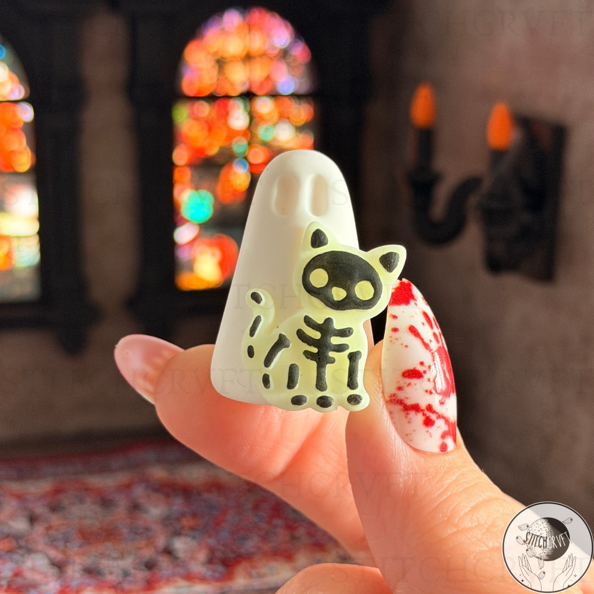 Ghost with glowing skeleton cat familiar | Handmade to order