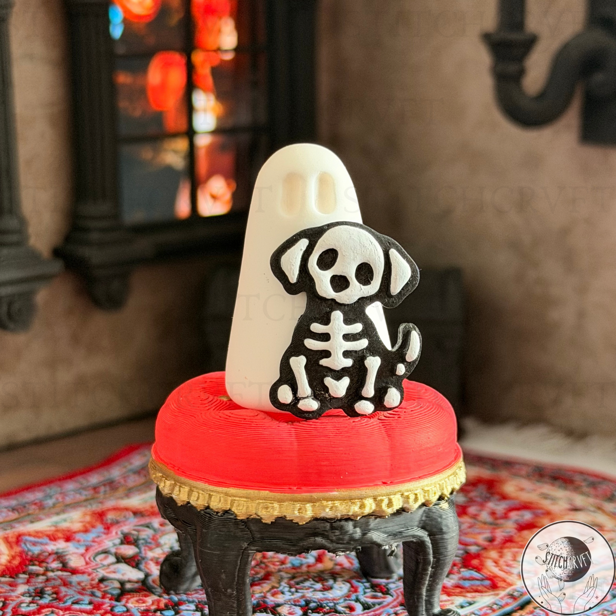 Ghost with black skeleton dog familiar | Handmade to order