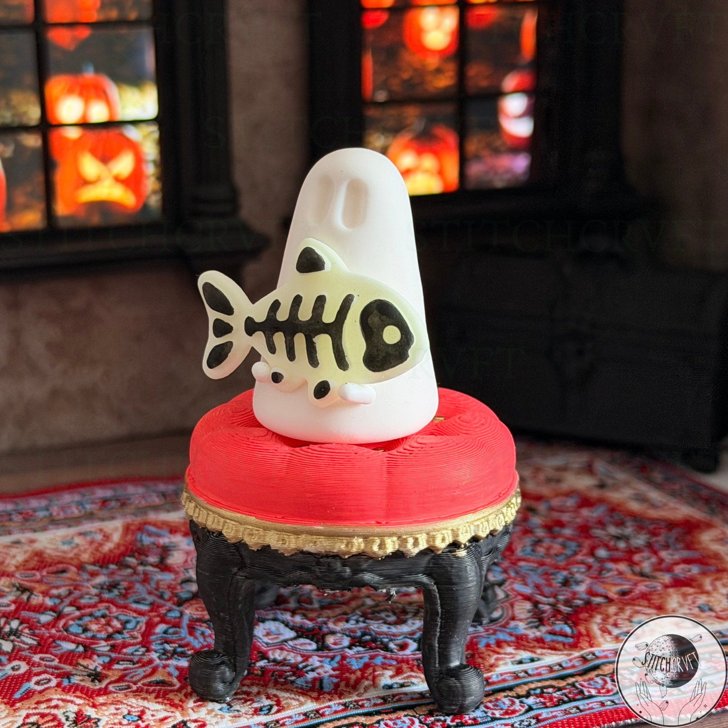 Ghost holding glowing skeleton fish | Handmade to order