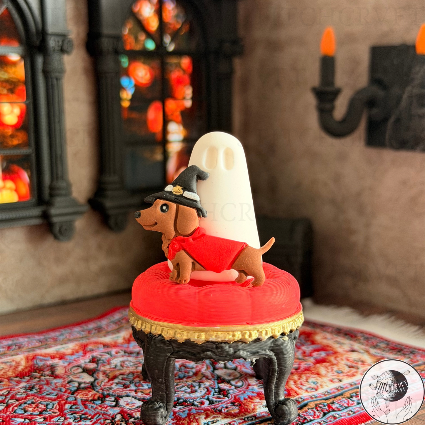 Ghost with witchy wiener dog familiar   | Handmade to order