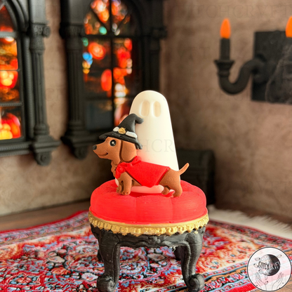 Ghost with witchy wiener dog familiar   | Handmade to order