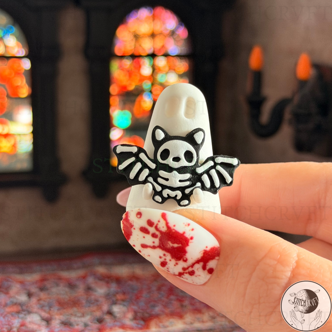 Ghost holding black skelebat | Handmade to order