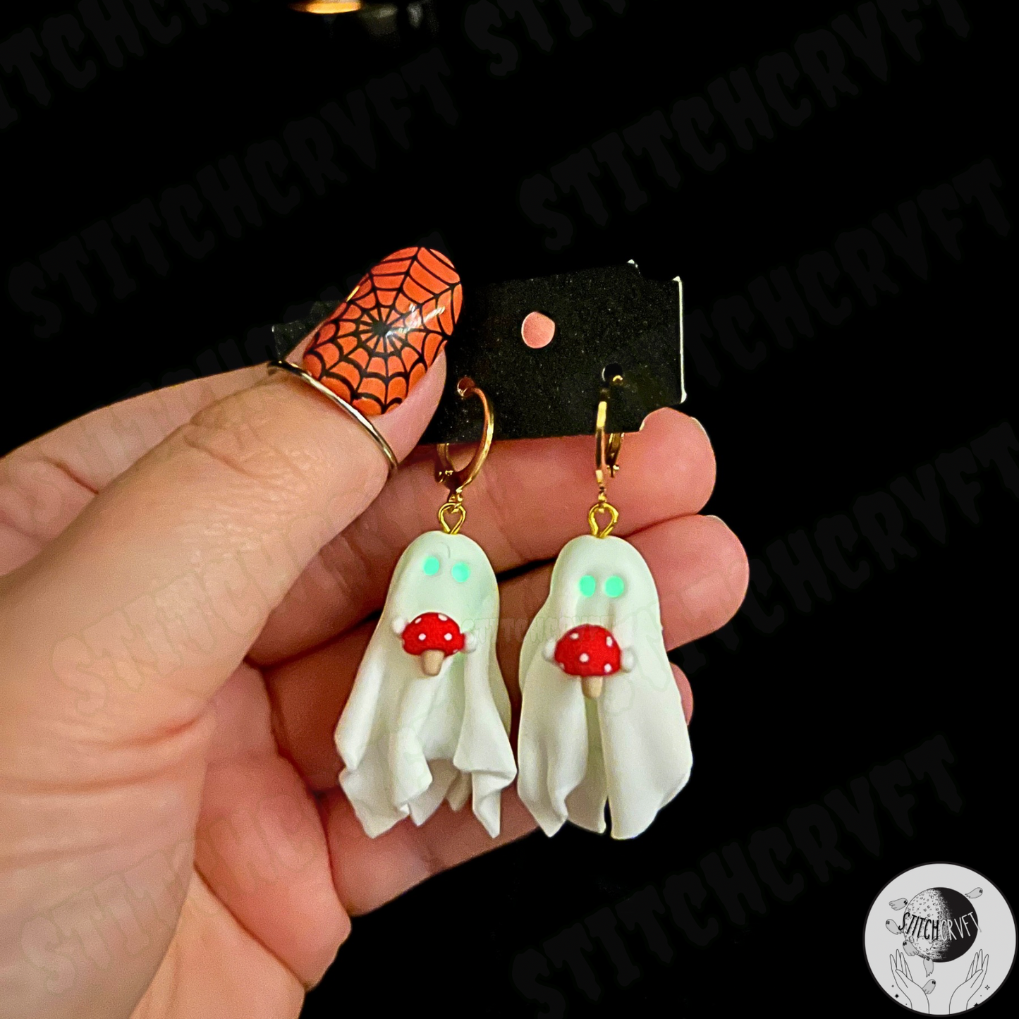 Sheet ghost earrings holding tiny mushroom with glowing eyes | Handmade to order