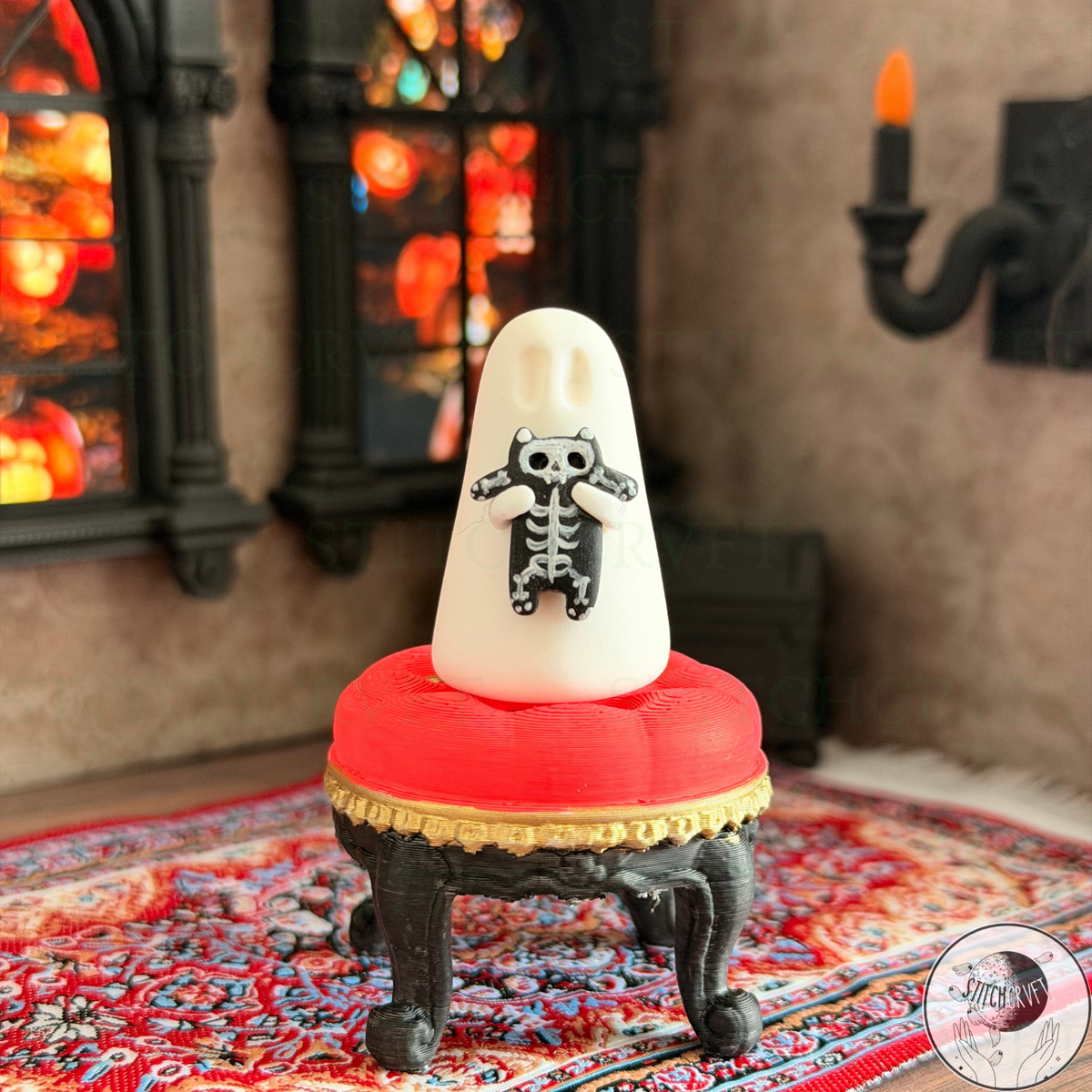 Ghost holding squishy cat with hand-painted micro skeleton | Handmade to order