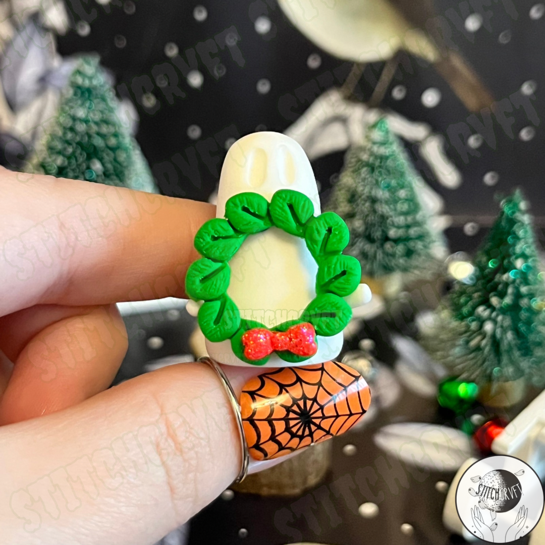 Spookmas Ghost holding tiny winter wreath | Handmade to order