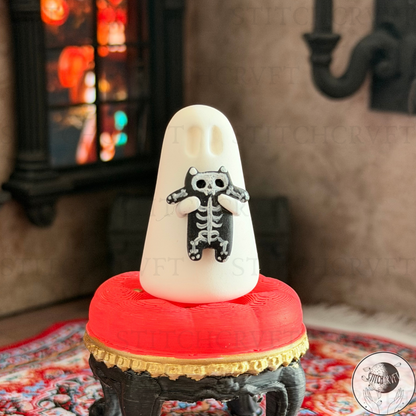 Ghost holding squishy cat with hand-painted micro skeleton | Handmade to order