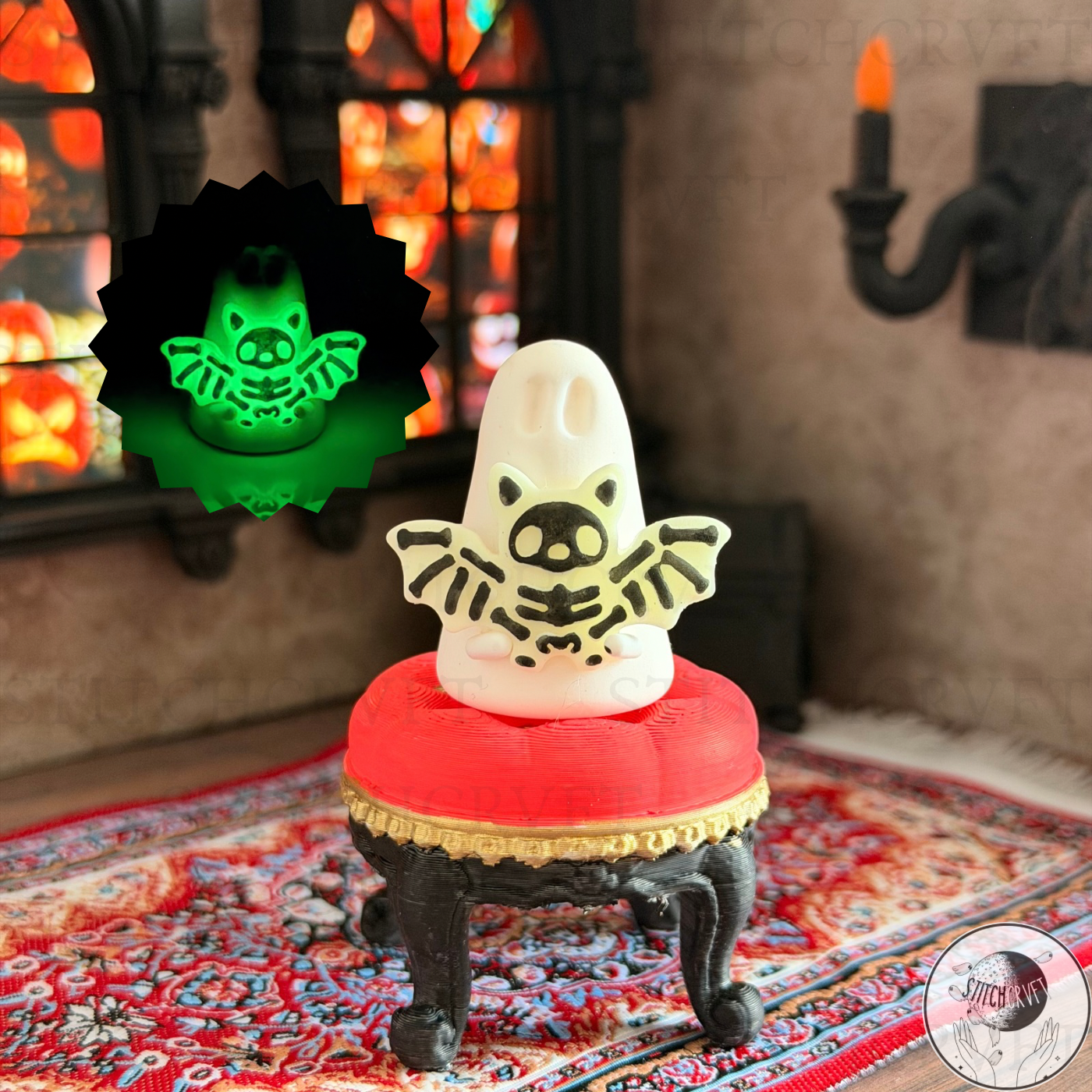 Ghost holding glowing skeleton bat | Handmade to order