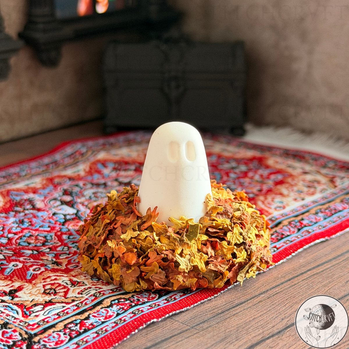 Ghost sat in little pile of leaves | Handmade to order